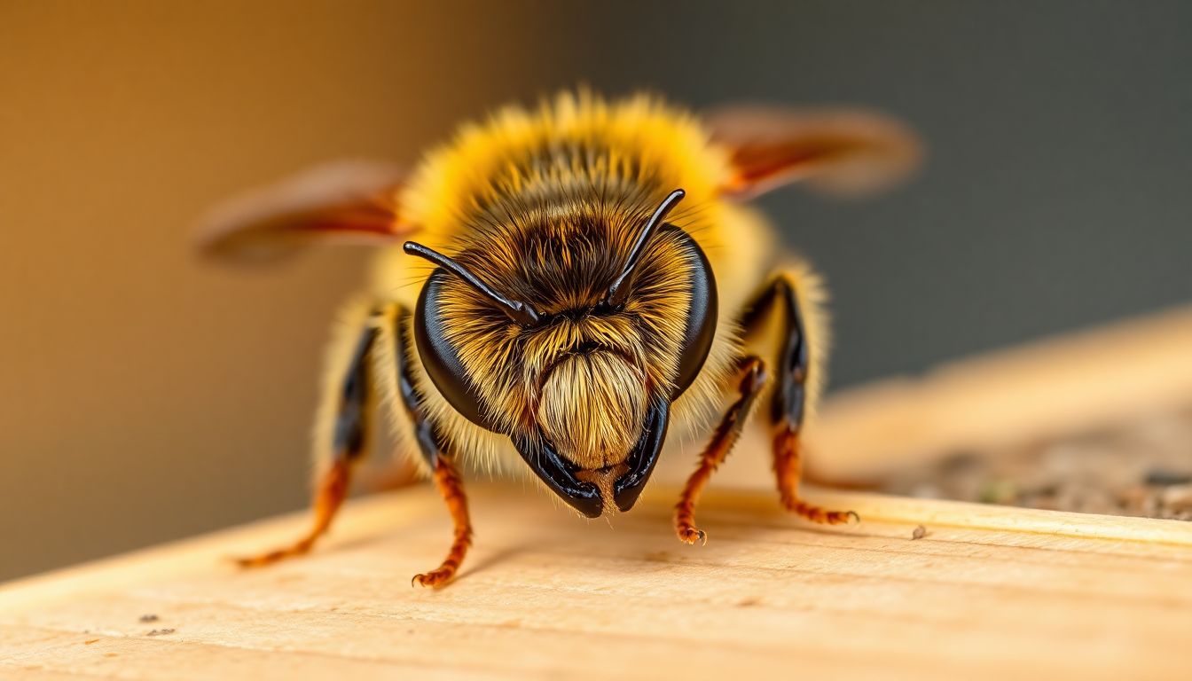 Extreme close up of a honey bee showing its large compound eyes and antennae