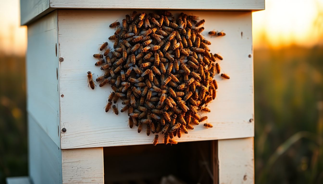 Honey bees bearding in a cluster on the front of a white beehive on a summer evening