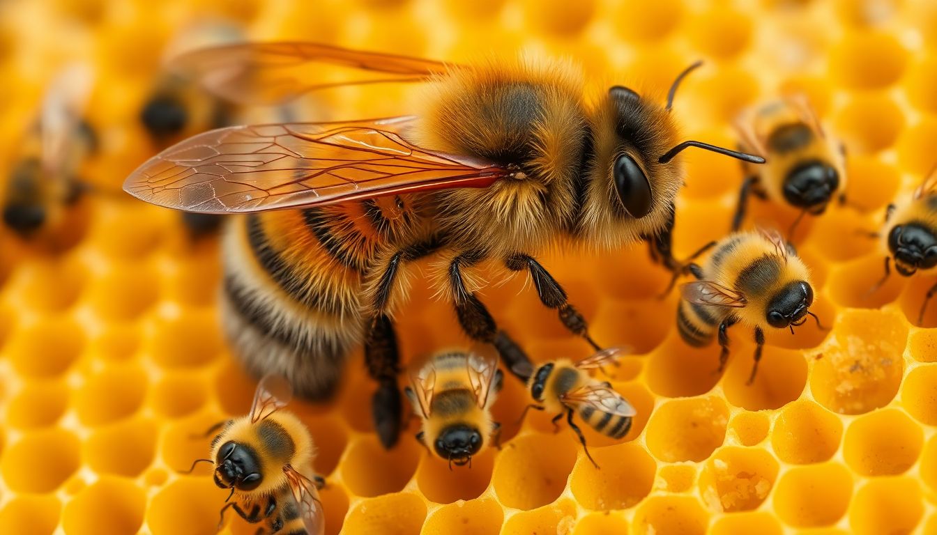 A queen bee surrounded by worker bees on comb with a drone nearby
