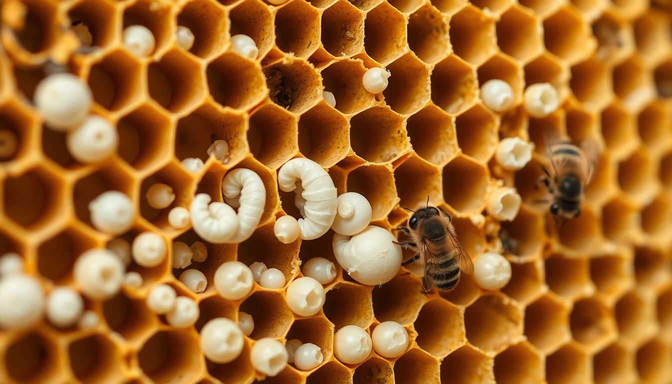 Brood frame showing bee eggs, larvae, and capped cells side by side
