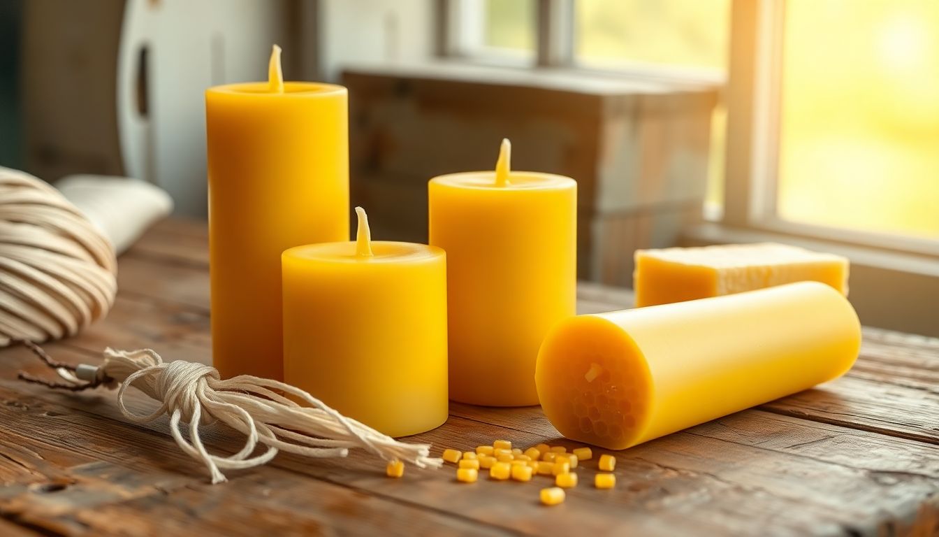 Handmade beeswax pillar candles on a wooden table beside cotton wick and a block of raw beeswax