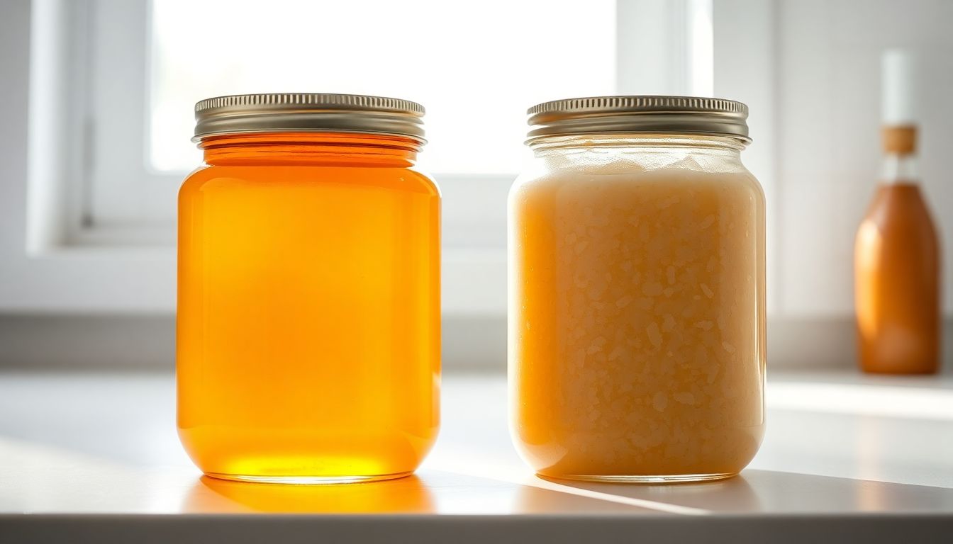 Two jars of honey side by side, one liquid and golden and one crystallized to a pale solid