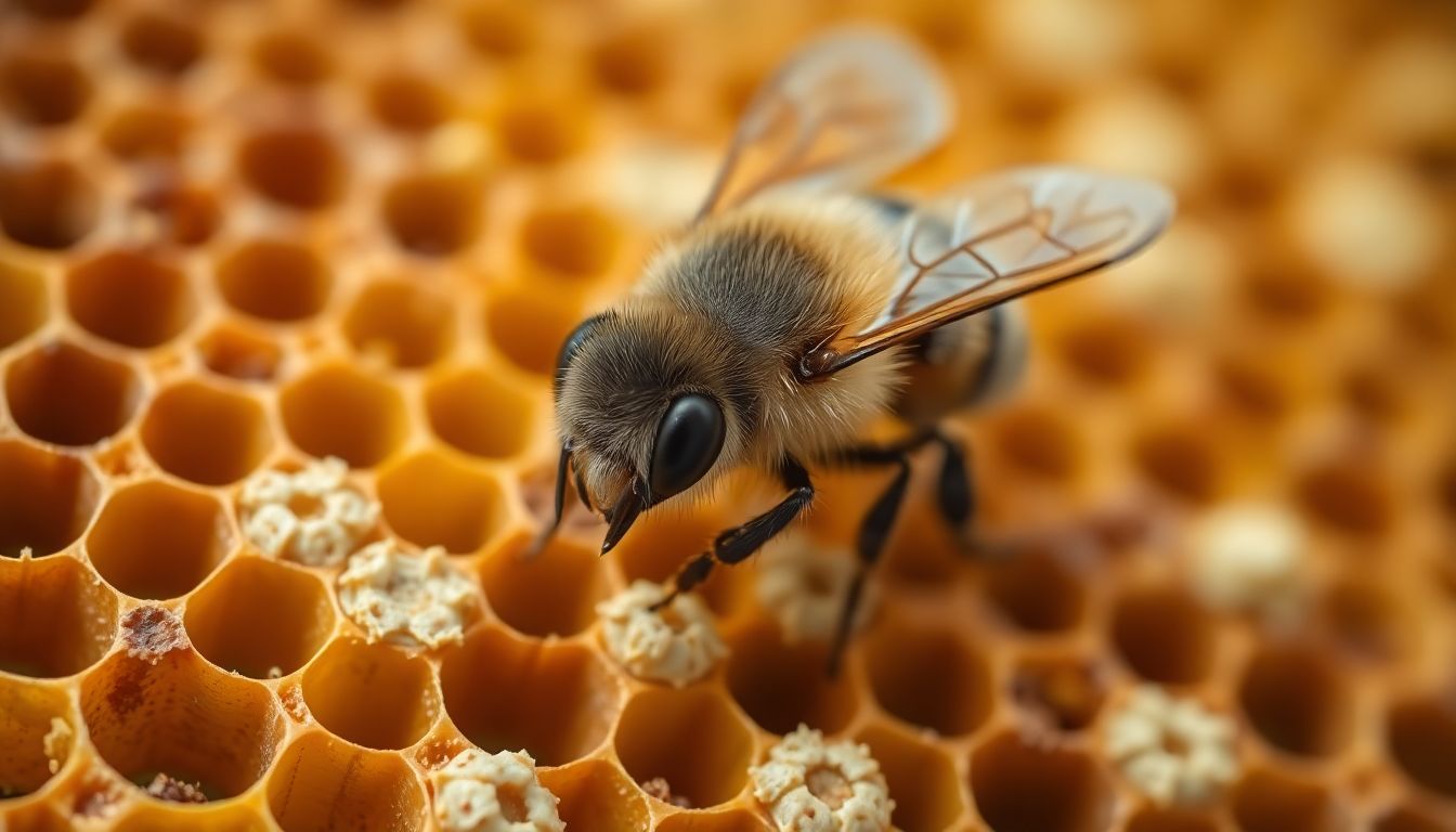 Close up of a honey bee on comb with cells of golden honey and pale capped honey beside them