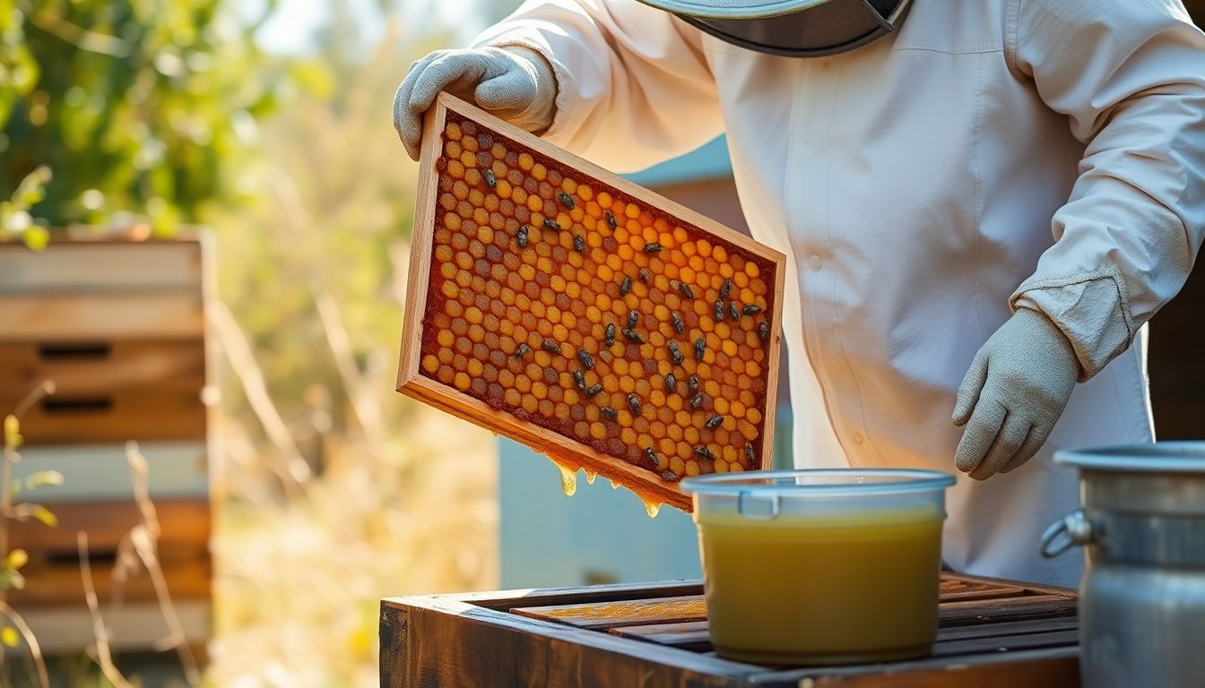 Beekeeper lifting a frame of capped honey from a hive super during harvest