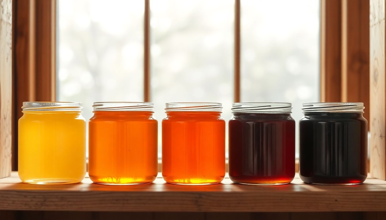 A row of honey jars showing the color range from pale water-white to deep dark amber
