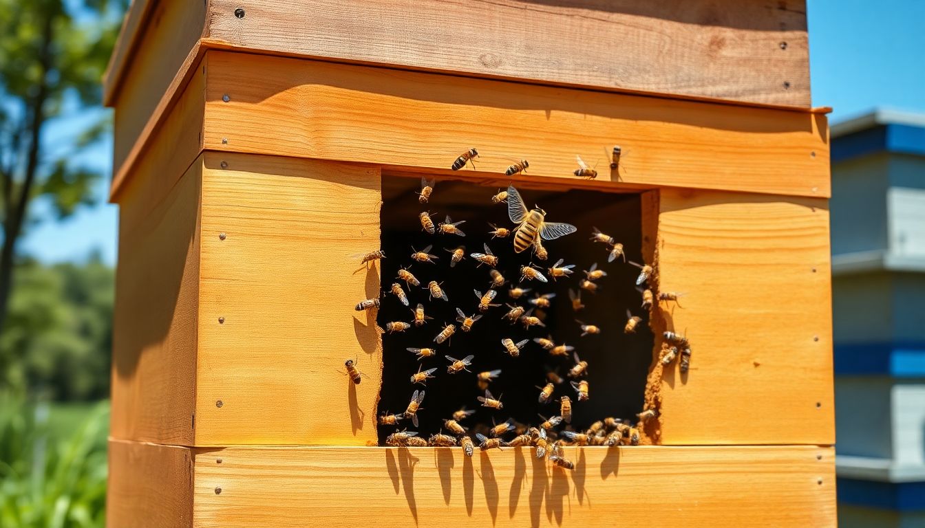 A complete working beehive with bees at the entrance
