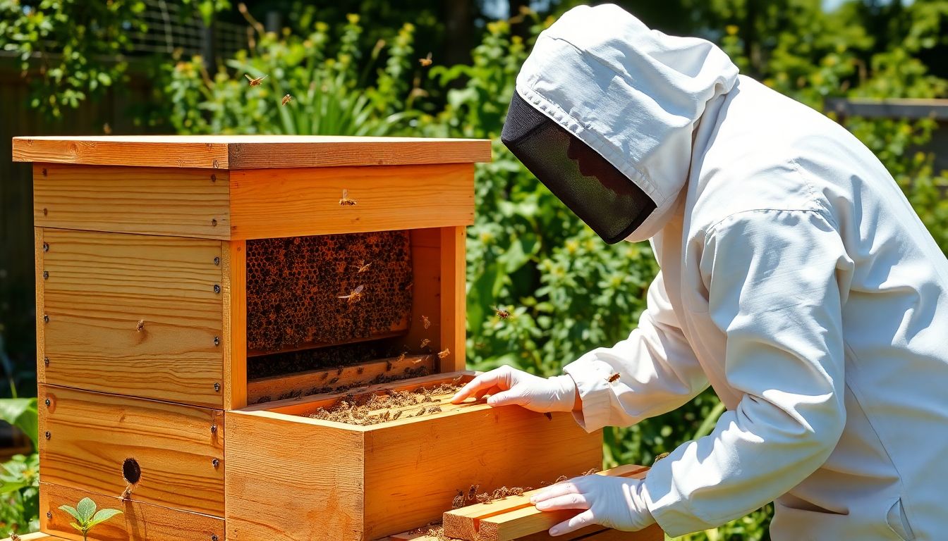 Beginner beekeeper inspecting a Langstroth hive in a backyard