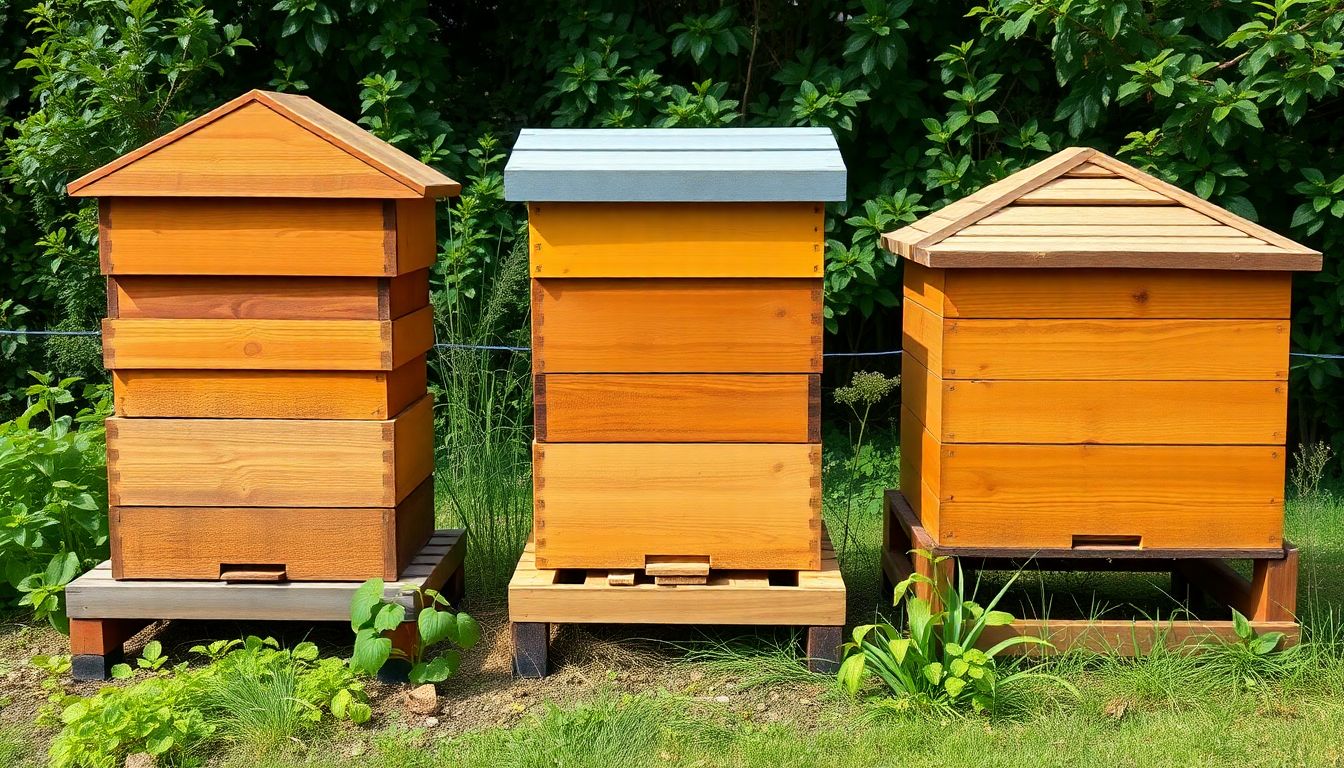 Different styles of beehive side by side in a garden