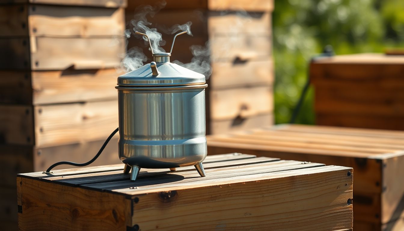 A lit stainless steel bee smoker on a hive