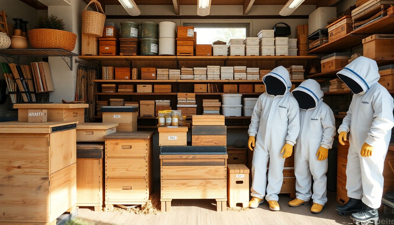 Beekeeping starter kits displayed in a shop