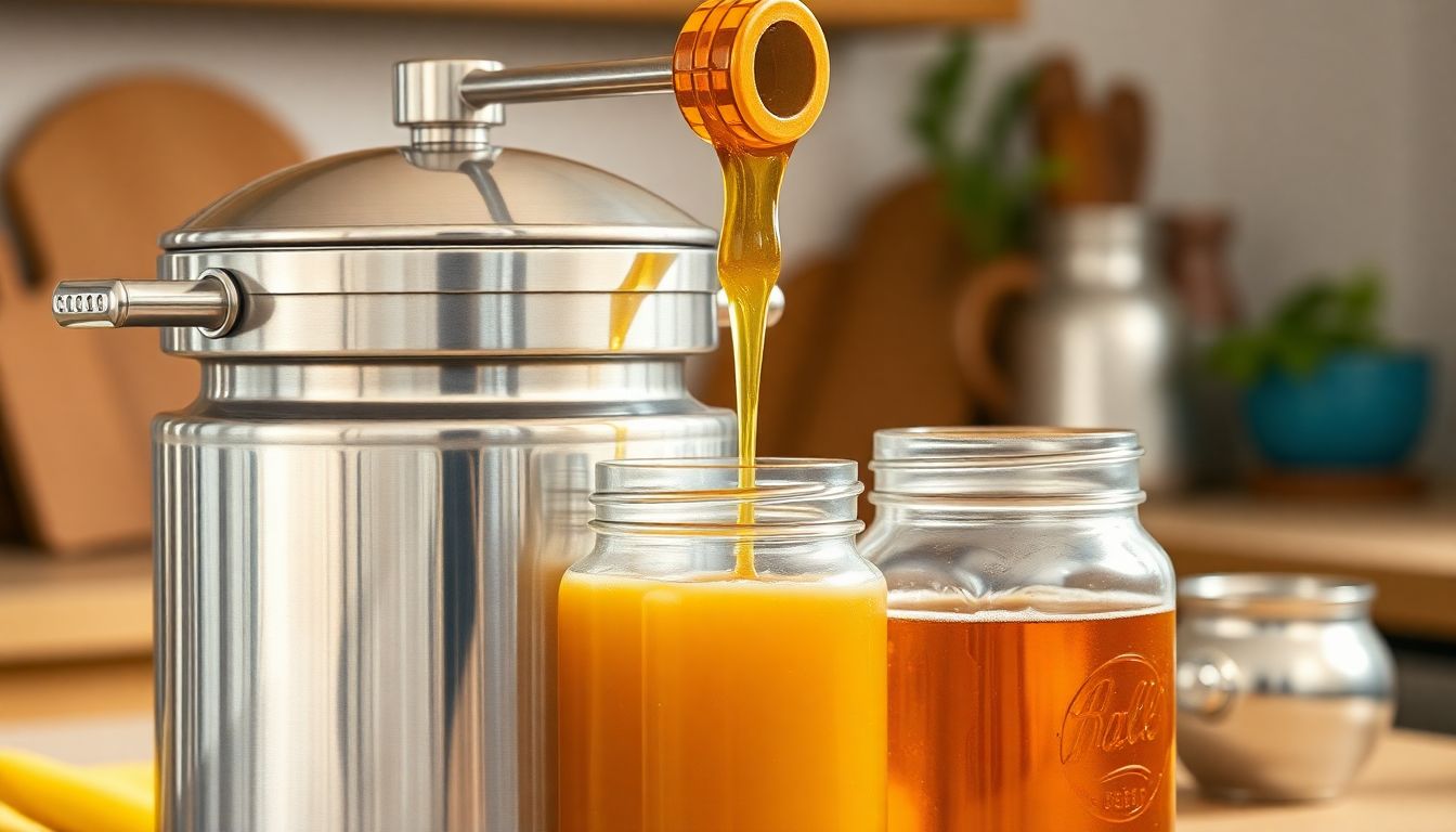Stainless steel honey extractor with honey flowing into a jar
