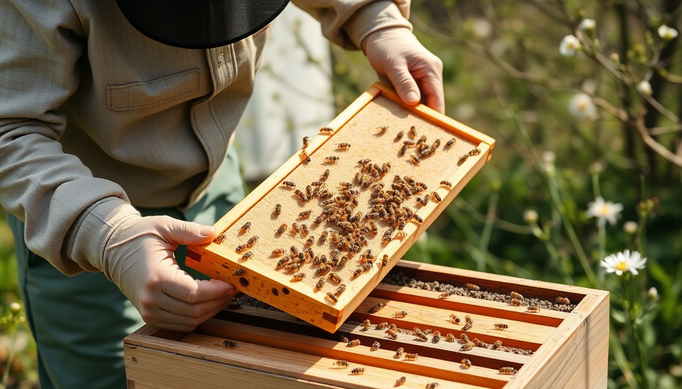 Beekeeper transferring frames from a nuc into a hive
