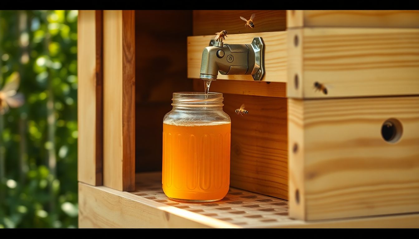 Jar of honey filling from a tap on the side of a Flow style beehive in a backyard
