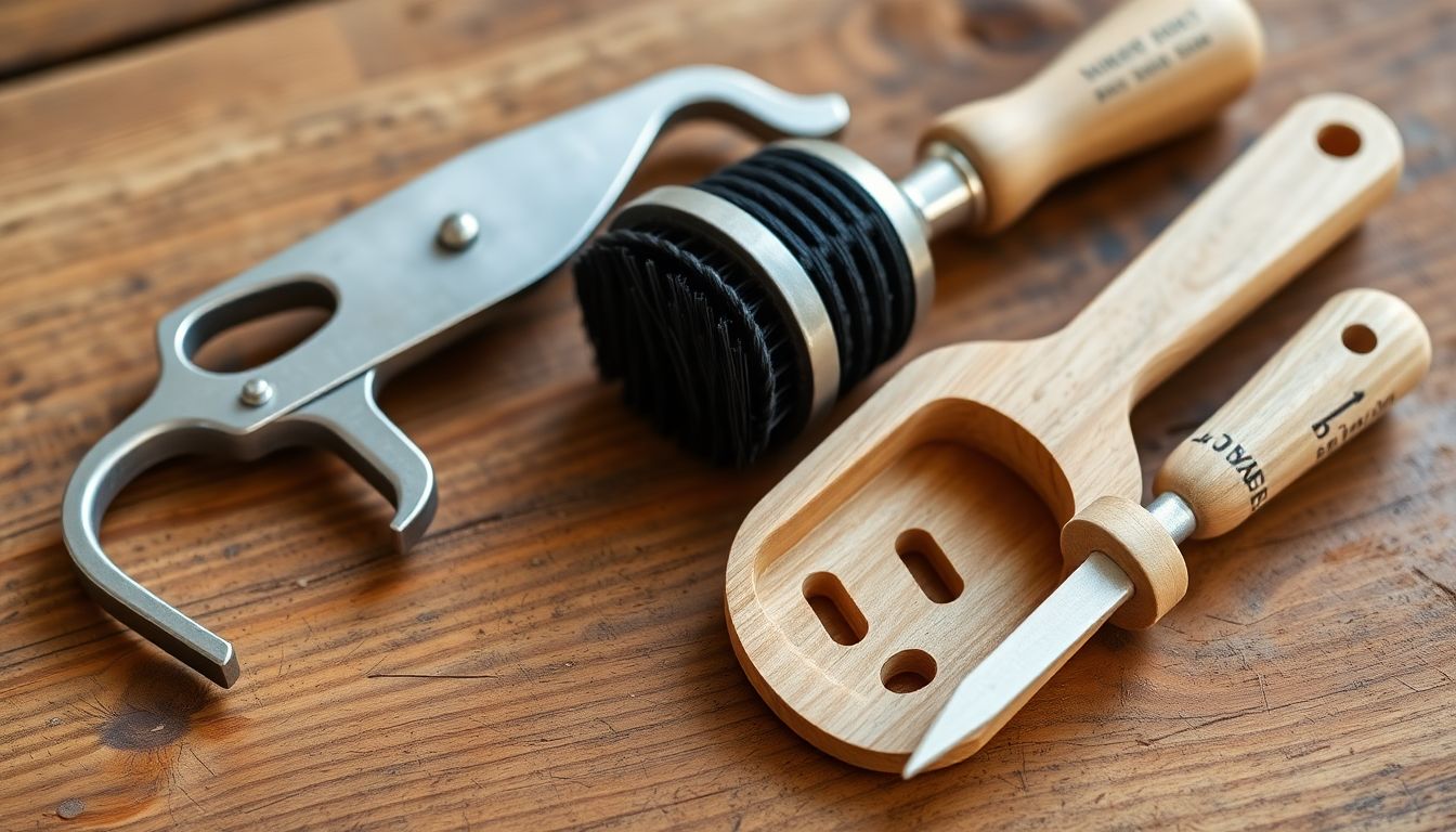 Beekeeping hand tools laid on wood