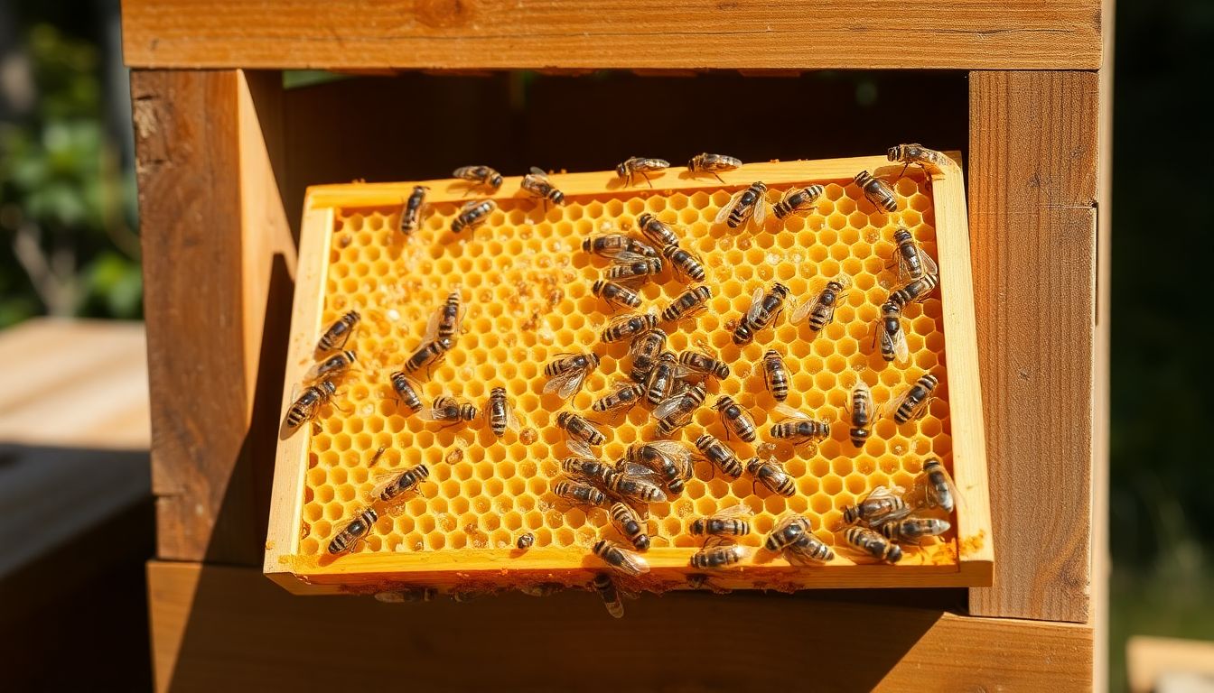 Frame of honeycomb lifted from an open beehive showing capped brood in the center and stored honey around the edge
