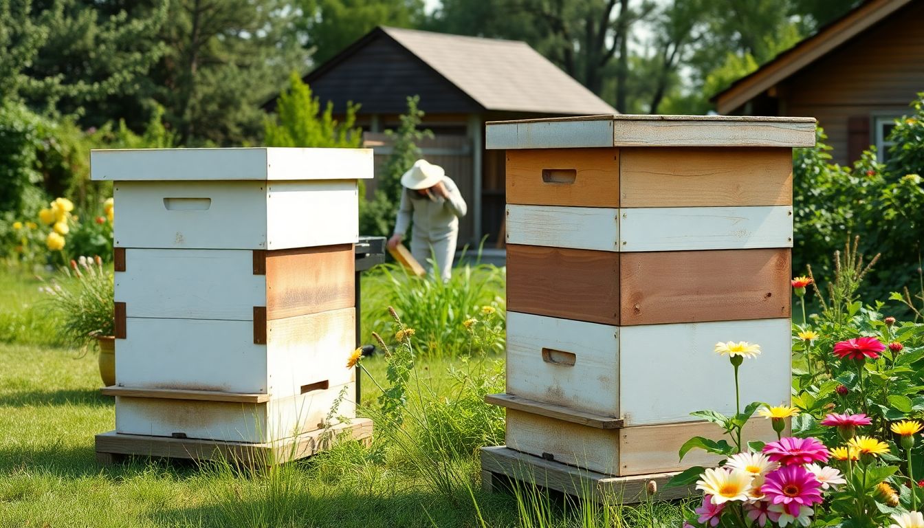 Two beehives in a backyard garden