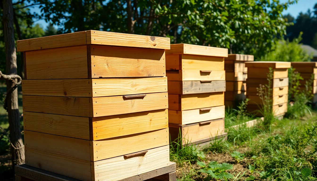A wooden Langstroth beehive with stacked boxes