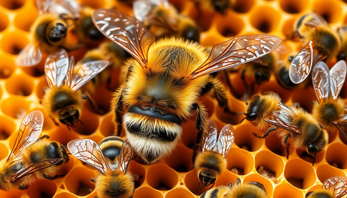 A marked queen bee on honeycomb surrounded by workers