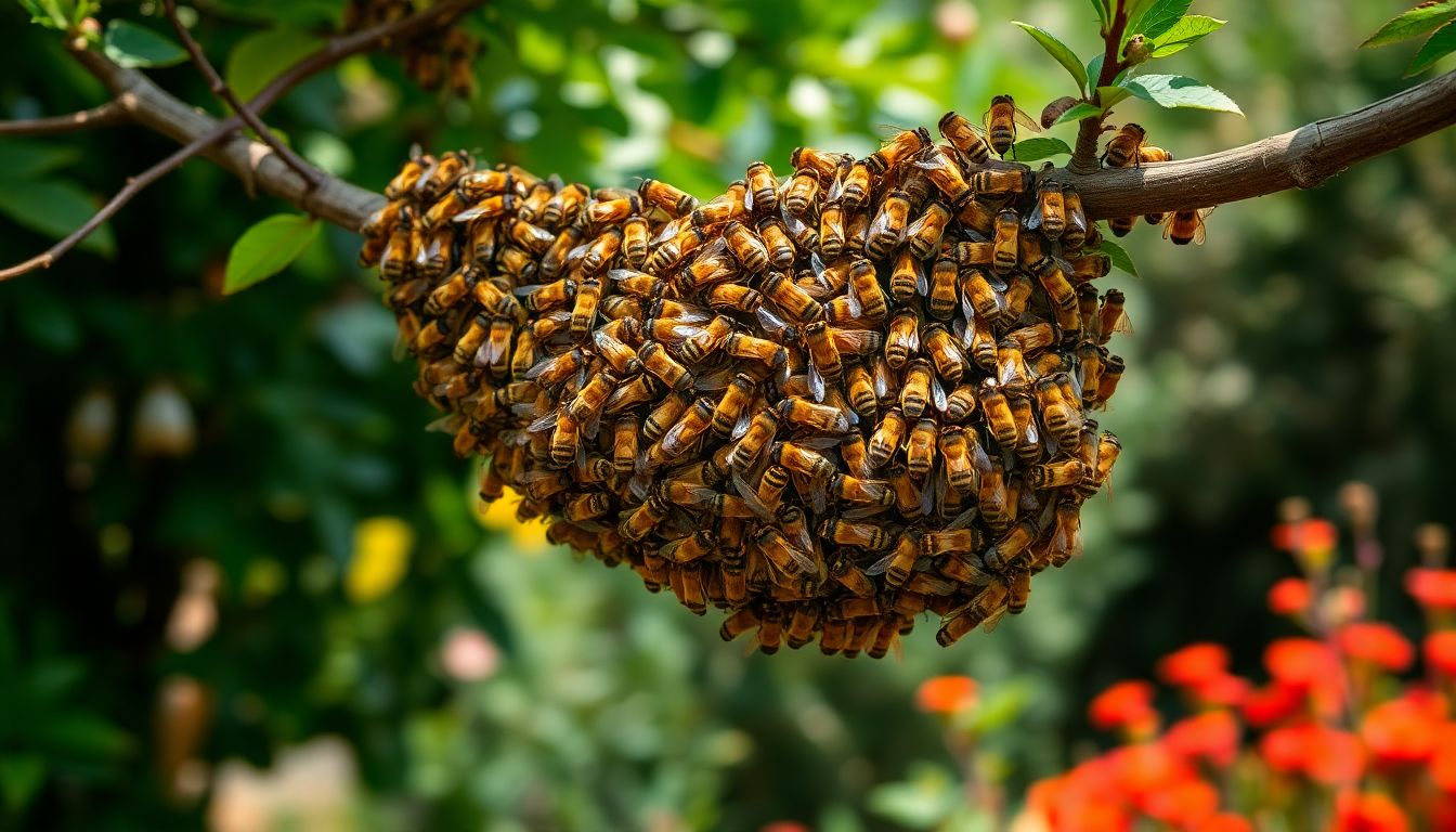 A swarm of honey bees clustered on a branch