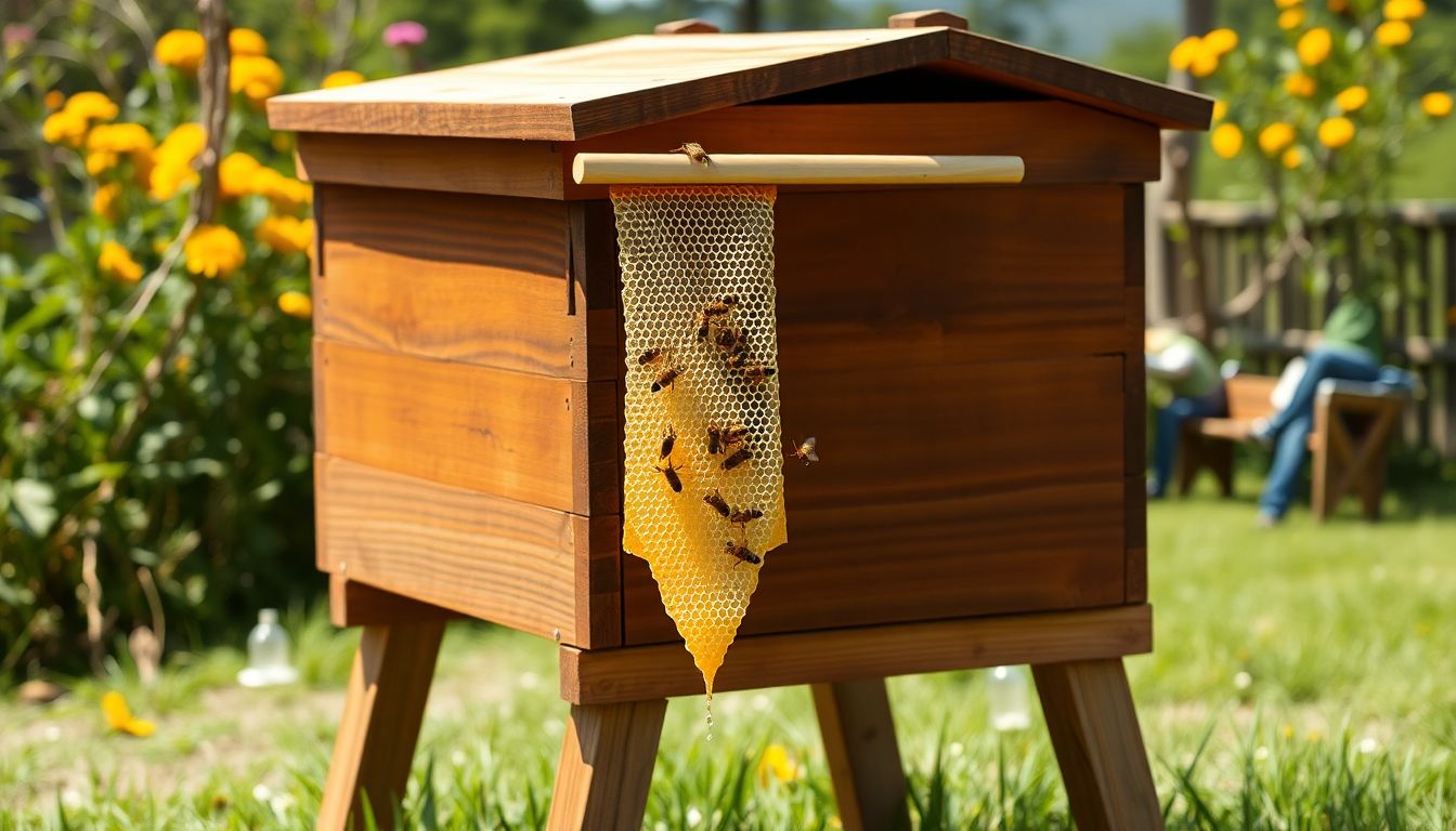 Single bar lifted from a top bar hive showing natural comb hanging beneath it